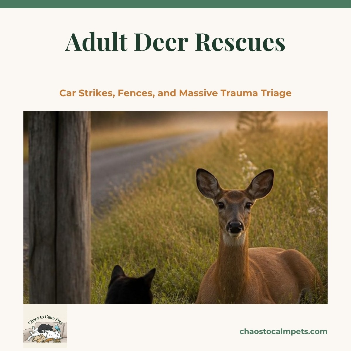 A white-tailed doe lying calm in tall grass at the edge of a misty country road at dawn, a blue budgie perched on a fence post in the foreground and a black cat watching from the grass below