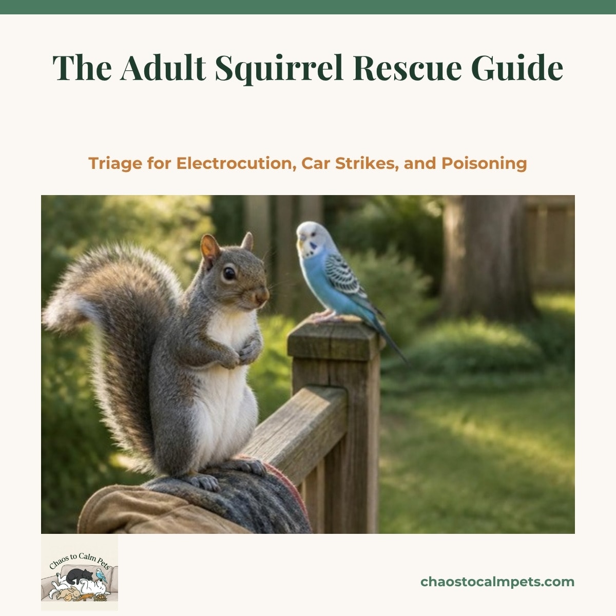 An eastern gray squirrel with a silver-gray coat and white belly sitting upright on a backyard fence beside a leather glove and folded blanket, a blue budgie perched on the fence post and a black cat watching from the lawn below