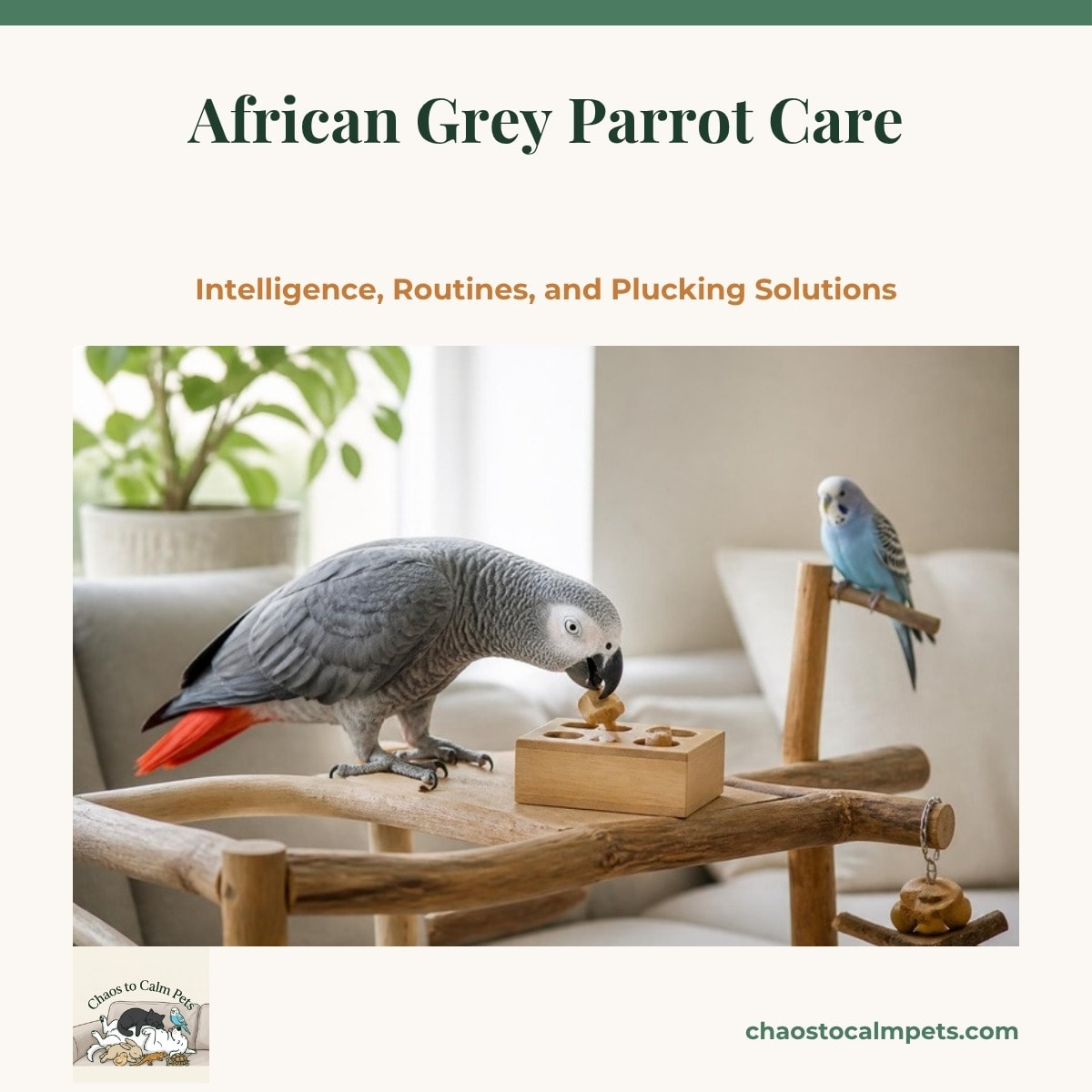 A Congo African grey parrot with a bright red tail working a clear acrylic puzzle box on a stand, a bowl of kale and sweet potato chop nearby and a slim UVB light tube mounted above the cage