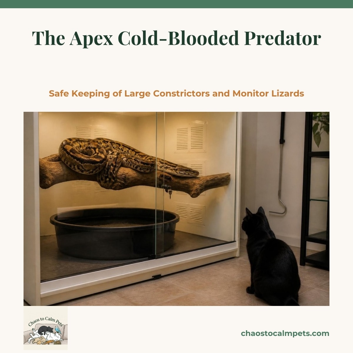 A large reticulated python coiled on a thick branch inside a tall PVC enclosure with a keyed lock on the sliding glass and a stock-tank pool below, a rubber-coated snake hook hanging on the wall, and a black cat watching from a safe distance on the floor