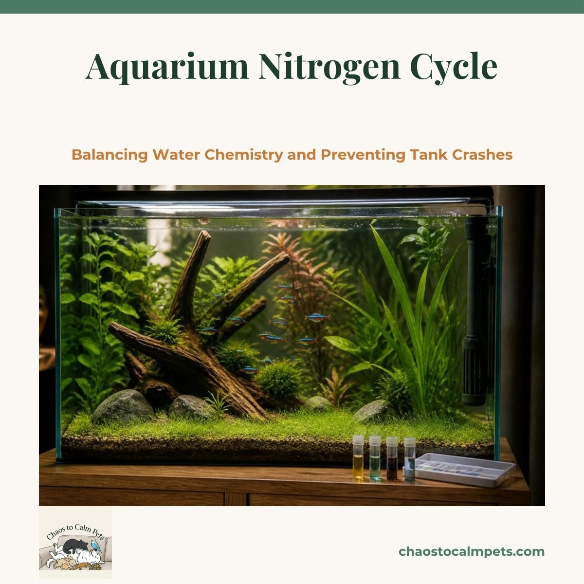A newly set up freshwater aquarium on a wooden stand with a hang-on-back filter running, a few small tetras swimming over sand and green plants, and a liquid test kit with colored test tubes standing beside the glass