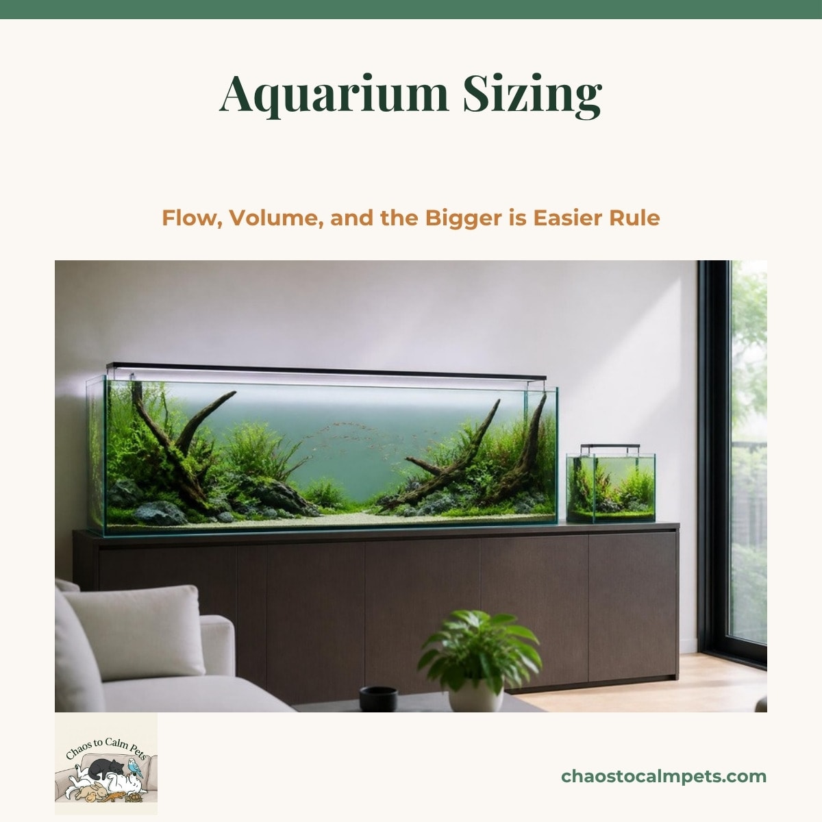A long, low freshwater aquarium on a level wooden stand, with a school of small tetras swimming across open water above sand and driftwood, gentle ripples at the surface, and a small empty glass bowl beside it
