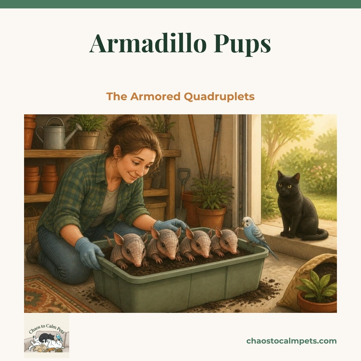Four identical pink-and-grey armadillo pups nosing out of a tote of dark topsoil beside a woman in blue nitrile gloves, a blue budgie perched on the tote rim and a black cat watching from the garage step