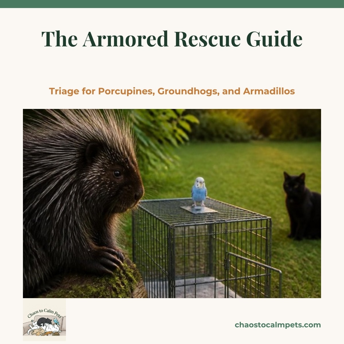 A North American porcupine with brown-black quills tipped in cream sitting calmly on a log beside a heavy wire transport cage, a blue budgie on the cage top and a black cat watching from the grass