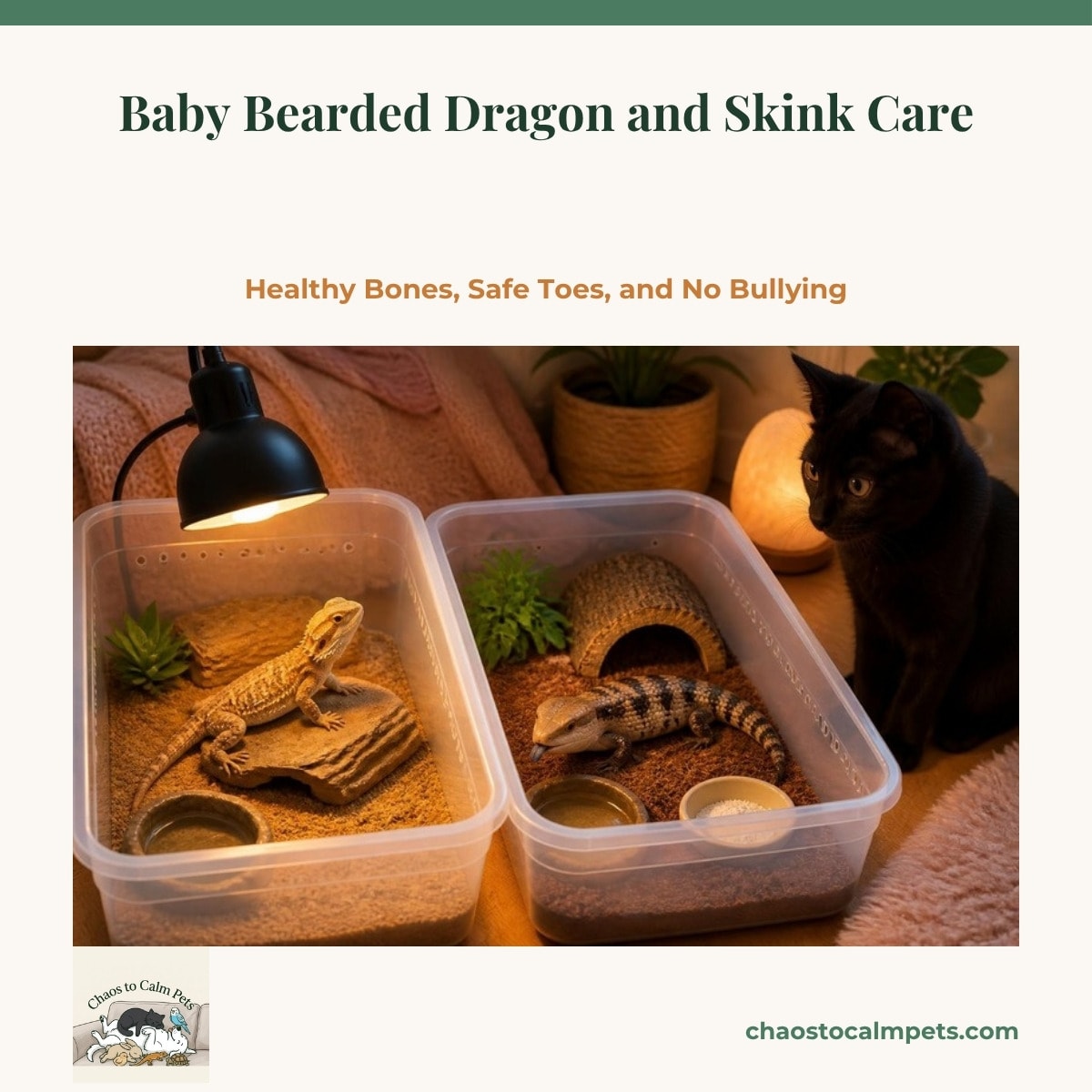A hatchling bearded dragon basking on a flat stone under a linear UVB tube beside a baby skink in a tidy nursery bin, with a blue budgie watching from the shelf edge