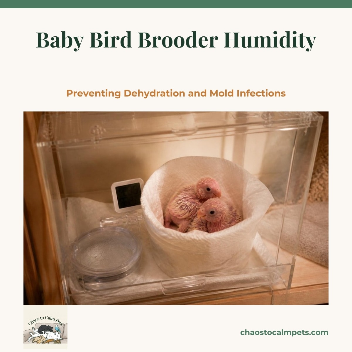 A clear acrylic brooder on a shelf with two pink, featherless parrot chicks curled in a paper-lined nest cup, a small digital humidity gauge clipped beside the cup, and a covered water pan in the corner