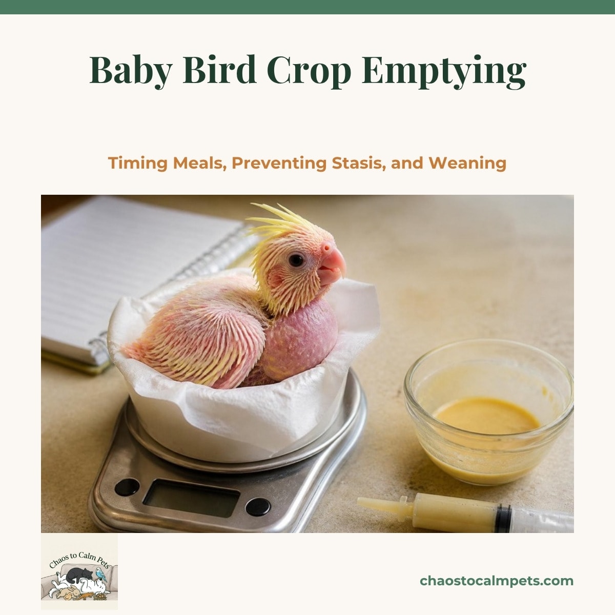 A pink cockatiel chick resting in a paper-lined cup on a digital gram scale, its full, rounded crop visible at the base of its neck, with a feeding syringe, a small bowl of formula and a handwritten feeding log on the counter beside it