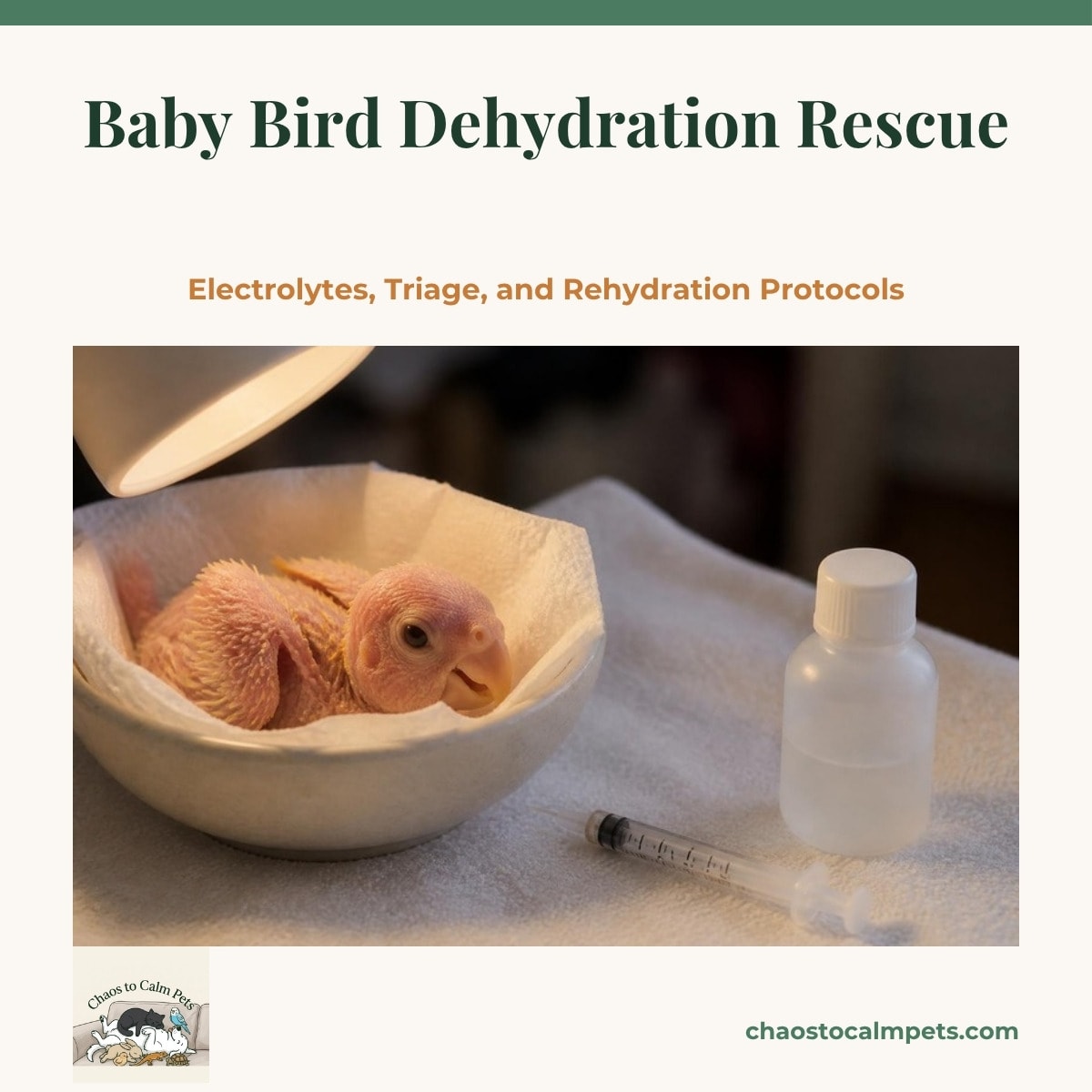 A small featherless parrot chick cupped in a paper-lined bowl under a warm lamp, a 1-milliliter syringe of clear fluid and a bottle of unflavored electrolyte solution on the towel beside it, and a digital thermometer propped against the brooder wall