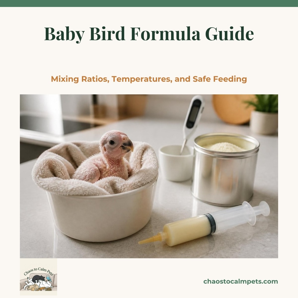 A pink, half-feathered parrot chick in a towel-lined cup on a kitchen counter beside a syringe of pale formula, a digital stem thermometer standing in a small mixing cup, and a tin of hand-feeding powder, with a blue budgie perched on a chair back behind