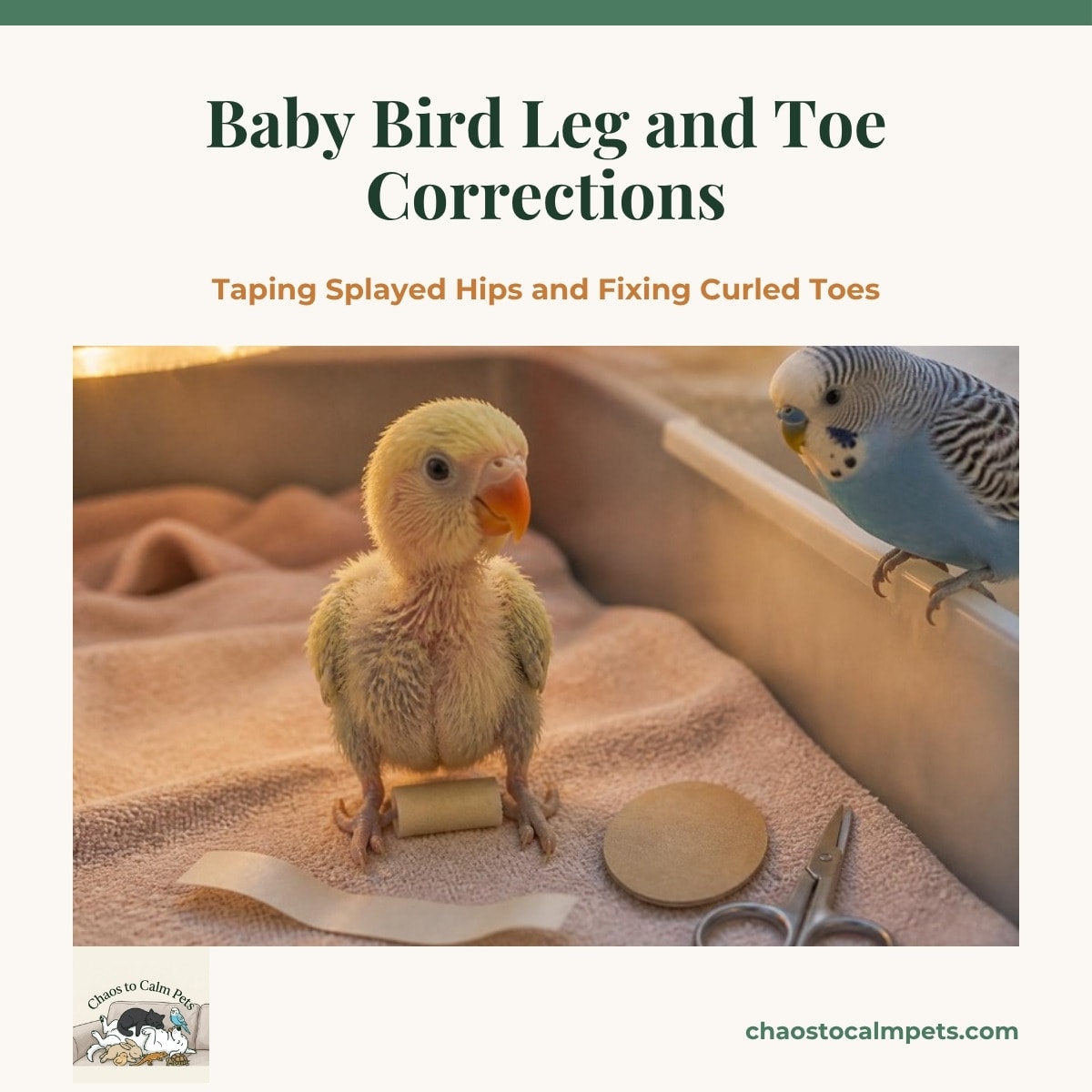 A downy lovebird chick standing on a textured towel in a brooder, a tiny pale foam hobble between its ankles, with a strip of paper tape, a small cardboard oval and micro-scissors laid out beside it and a blue budgie perched on the brooder rim