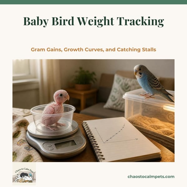 A naked-pink conure chick sitting in a small plastic weighing cup on a digital scale reading in tenths of a gram, a paper ledger with a hand-drawn rising curve beside it, and a blue budgie perched on the edge of a nearby brooder lid