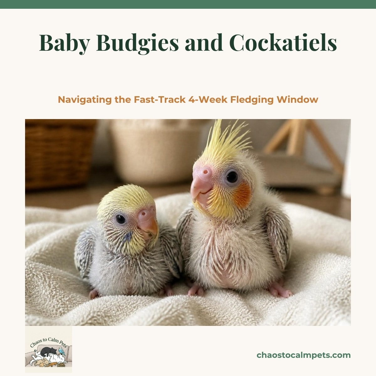 Three cockatiel chicks in the porcupine pin-feather stage huddled in a lined nest bowl beside a 1 mL syringe and a spray of millet, with a blue budgie perched on the rim of the brooder looking in