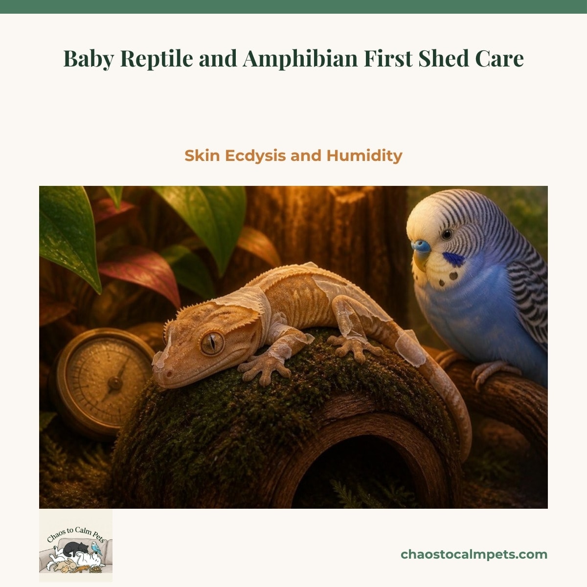 A hatchling snake resting near a humid hide made from a small opaque cup with damp moss, with a blue budgie watching from the shelf edge