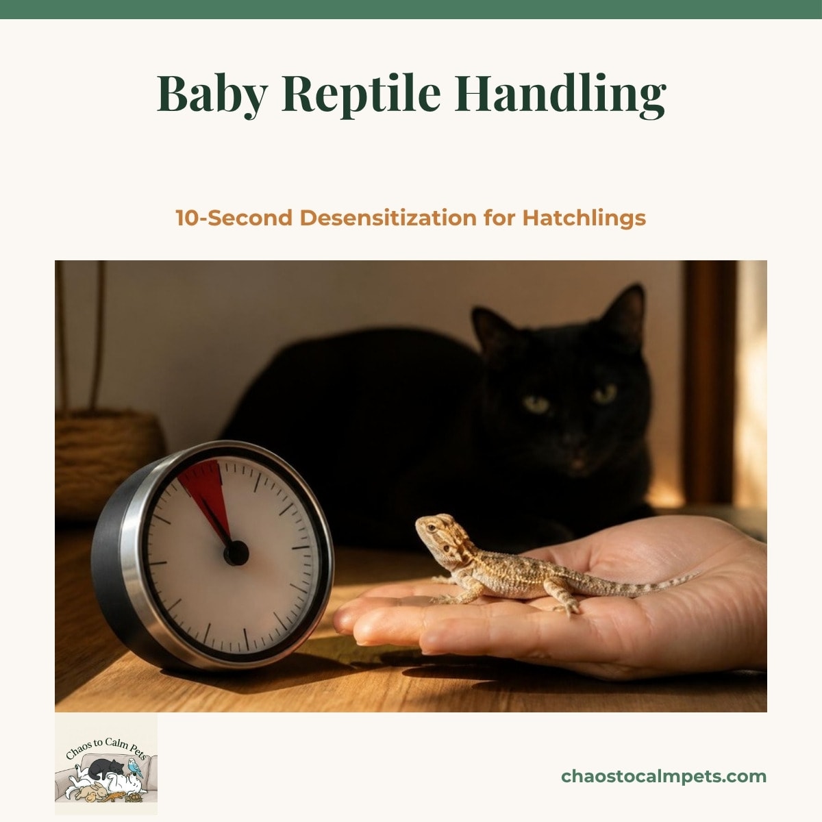 One calm hand with a kitchen timer showing ten seconds gently supporting a hatchling bearded dragon, with a black cat in the soft background