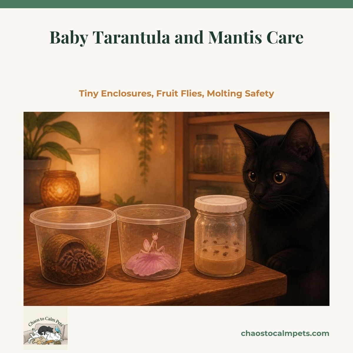 A Chilean rose tarantula spiderling and an orchid mantis nymph in tiny deli-cup enclosures beside a fruit fly culture, with Shadow the black cat watching