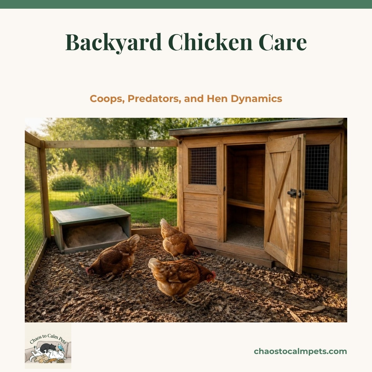 A small wooden backyard coop with half-inch hardware cloth on the windows and a flat two-by-four roost visible through the open door, three brown hens scratching in deep wood-chip litter in the run and a covered dust bath box in the corner