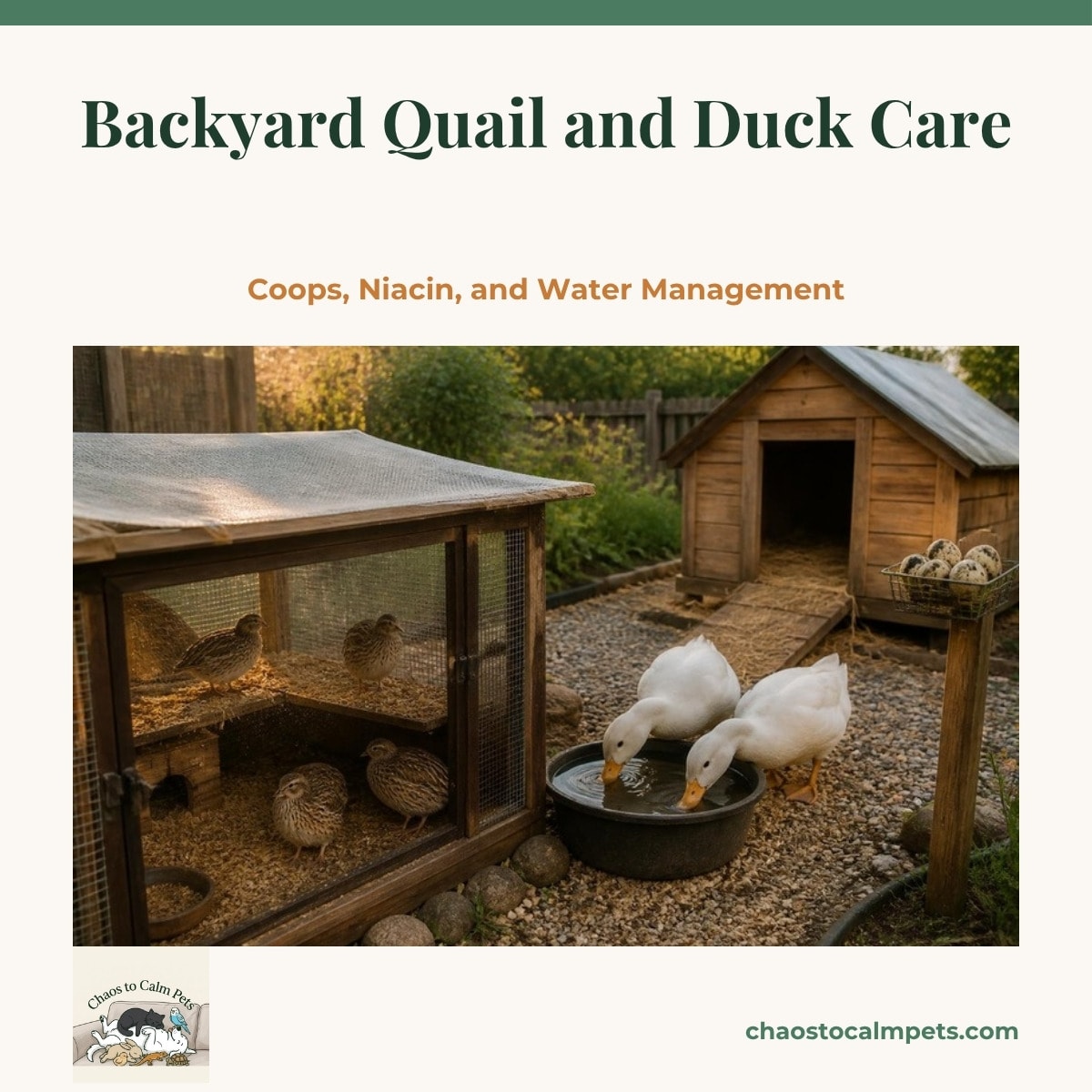 A low quail hutch with a soft mesh-lined ceiling beside a sloped gravel pad where two ducks dunk their bills in a deep black water tub, with speckled quail eggs in a wire basket on the fence post and a dry straw-bedded duck house behind