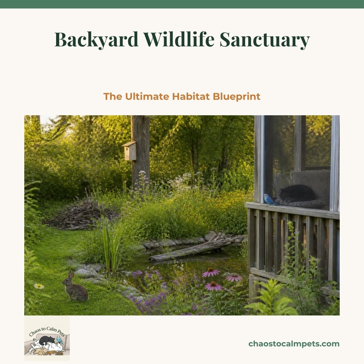 A lush backyard with a trickling stone water feature, a berry shrub, a wooden nest box on a baffled pole and a brush pile, a blue budgie on the nest box roof and a black cat lounging safely inside a screened catio