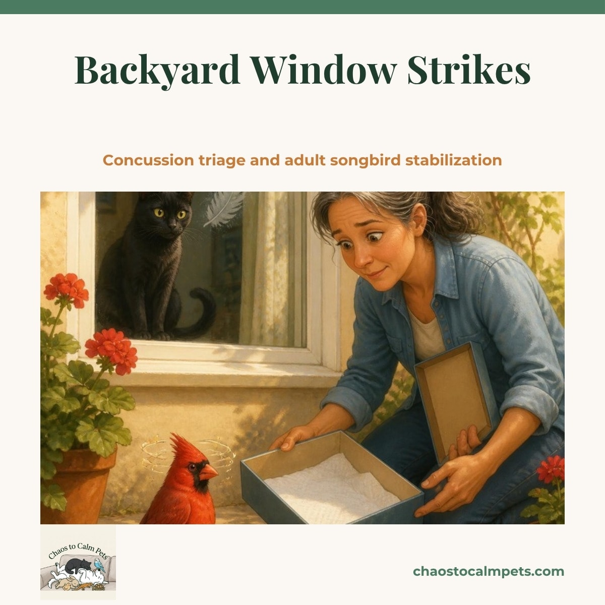 A stunned cardinal sitting on a patio beneath a large window with a faint feather smudge on the glass, a woman kneeling with an open shoebox lined with paper towel, a black cat watching from inside the window and a blue budgie on the curtain rod