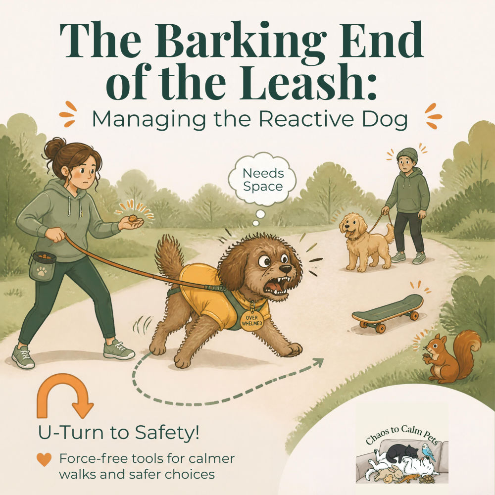 Reactive dog lunging on leash while owner uses U-turn technique on park path