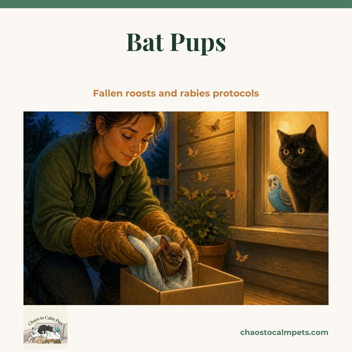 A tiny brown bat pup clinging inside a clear plastic food container with a soft cloth, held by a man wearing thick leather gloves at dusk beside a brick wall where a small fleece pouch has been pinned near the roof line