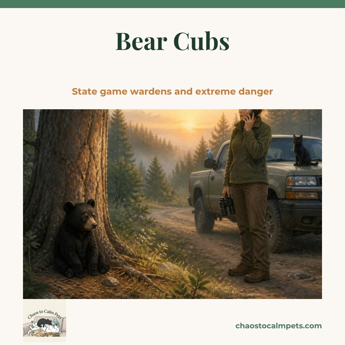 A small black bear cub clinging high in a pine tree while a man with binoculars watches from far across a meadow, a state wildlife officer's truck parked on the road behind him, a blue budgie perched on the truck's mirror