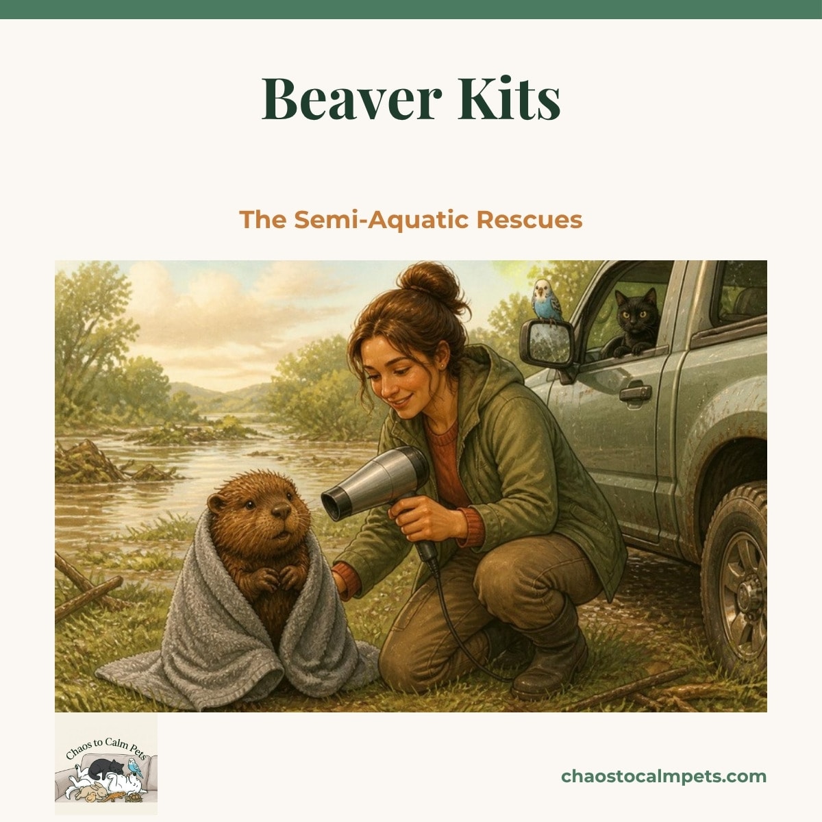 A wet brown beaver kit wrapped in a grey microfiber towel on a riverbank beside a woman holding a hair dryer on low, a blue budgie perched on the truck mirror and a black cat watching from the open cab