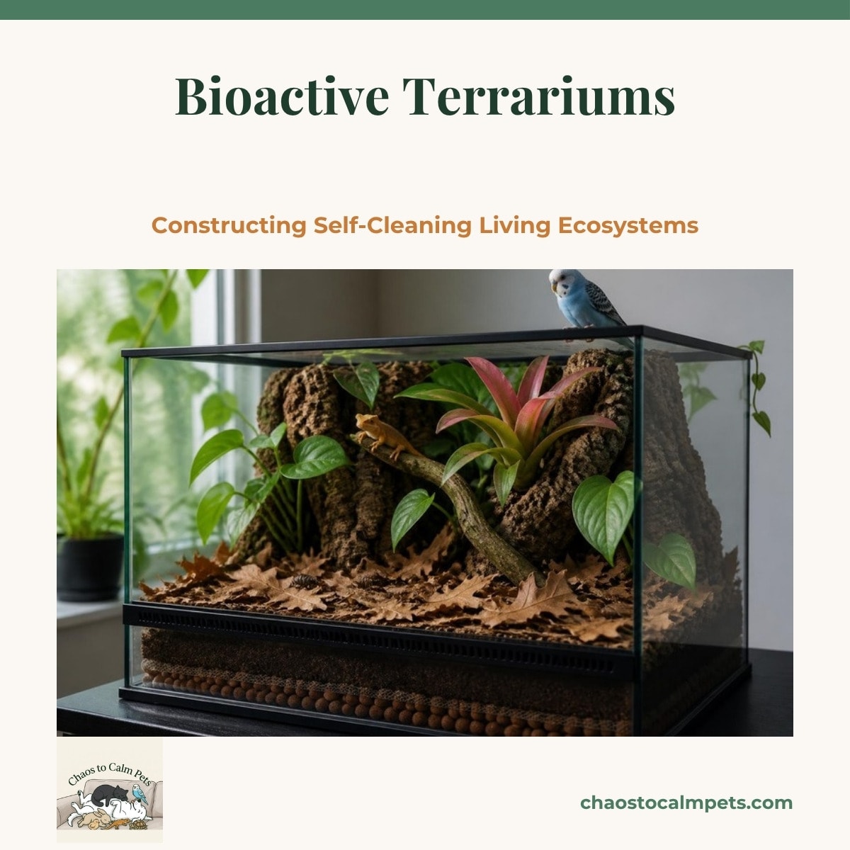 A lush front-opening glass terrarium with layers visible from the side: clay hydroballs, a mesh barrier, dark soil, and a thick blanket of oak leaf litter, pothos and a bromeliad climbing cork bark, a crested gecko on a branch, isopods on the leaf litter, and a blue budgie perched on top of the tank