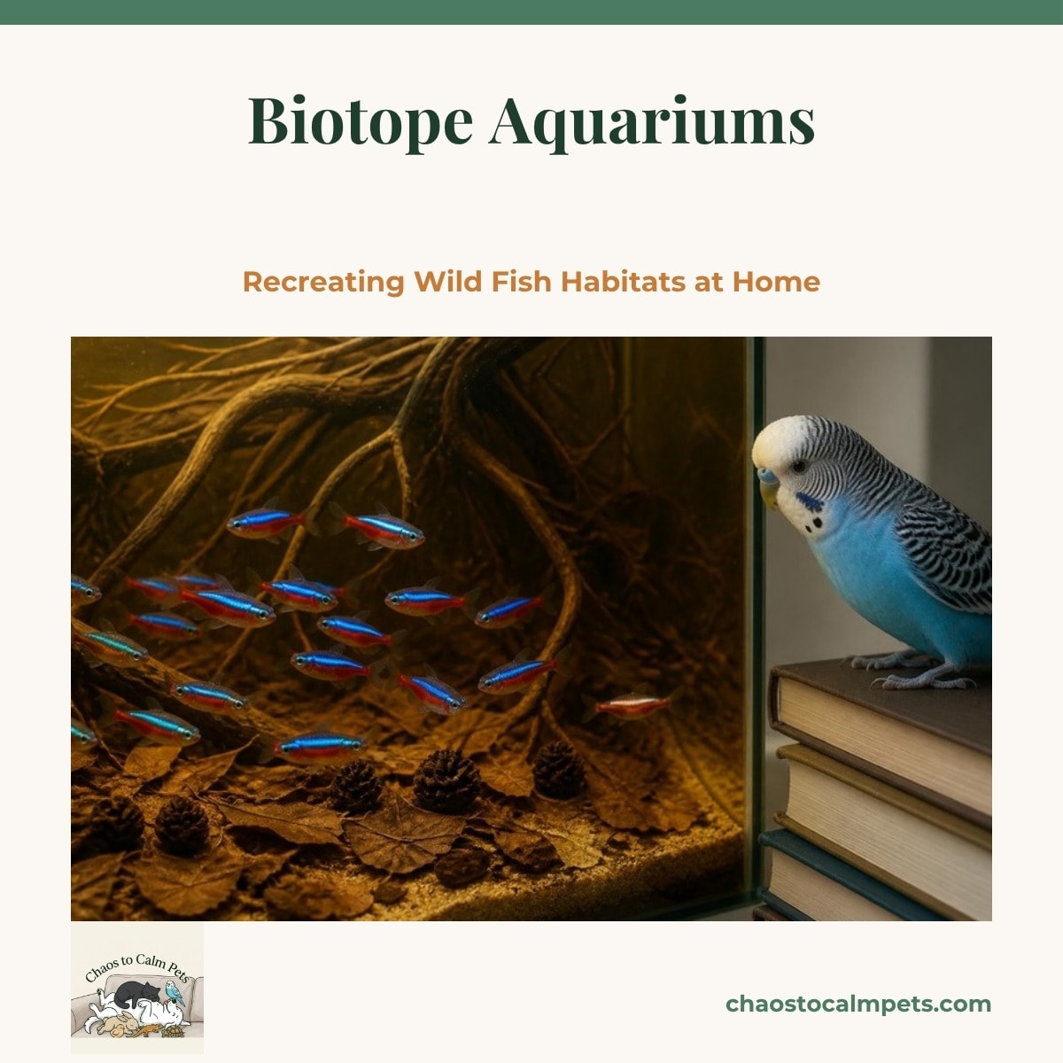 A blackwater biotope aquarium with amber, tea-colored water, tangled driftwood roots, fine sand covered in brown leaf litter and alder cones, and a school of cardinal tetras swimming under soft, dim light