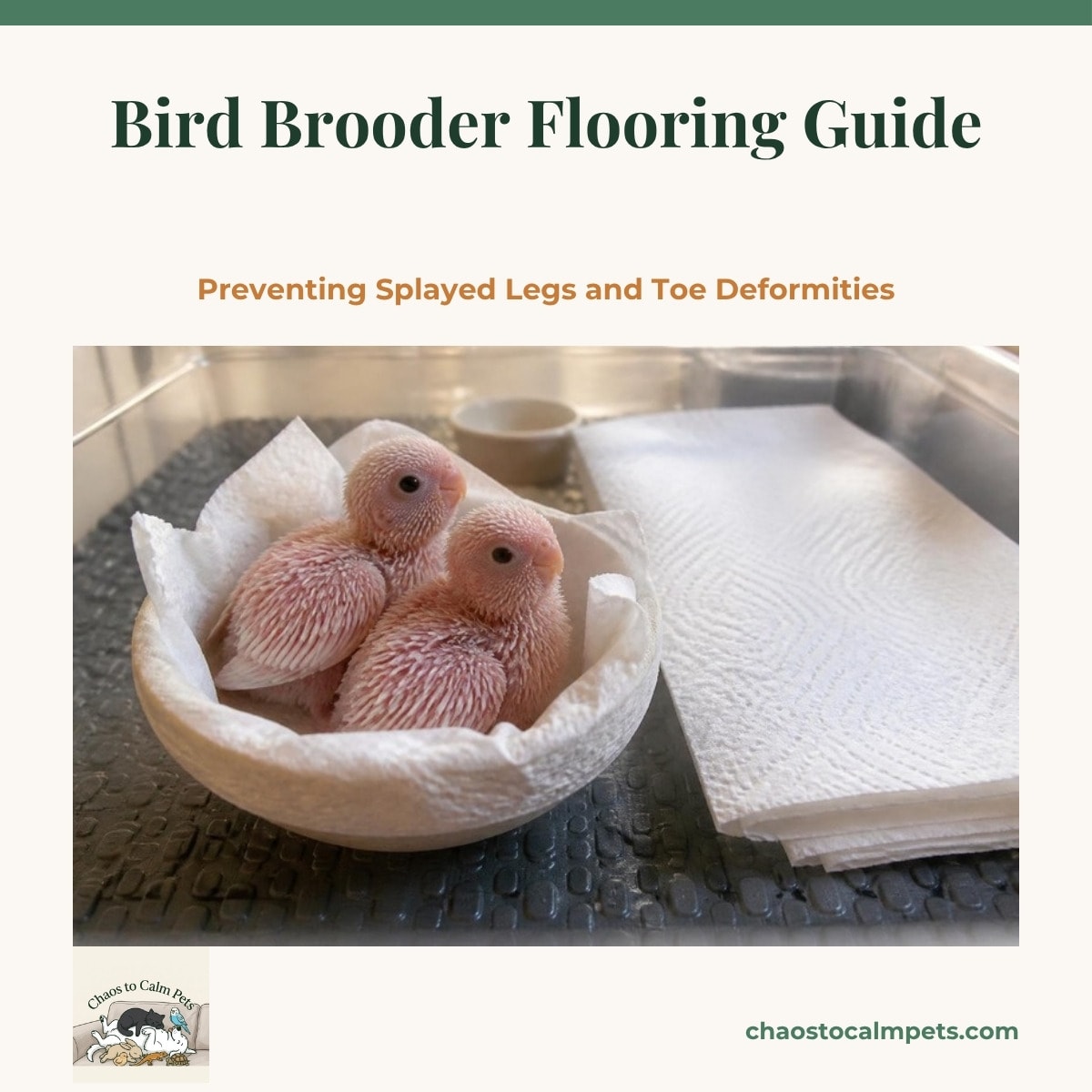 A nest cup lined with crumpled white paper towel holding two pink budgie chicks with their legs tucked squarely beneath them, set on a textured rubber grip mat inside a clear brooder, with a folded stack of clean paper towels beside it