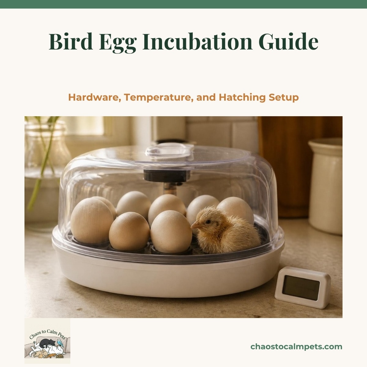 A small tabletop incubator with a clear lid holding a row of pale eggs on a turning tray, a digital thermometer and hygrometer resting beside it on a kitchen counter, and a blue budgie perched on a cage top in the background