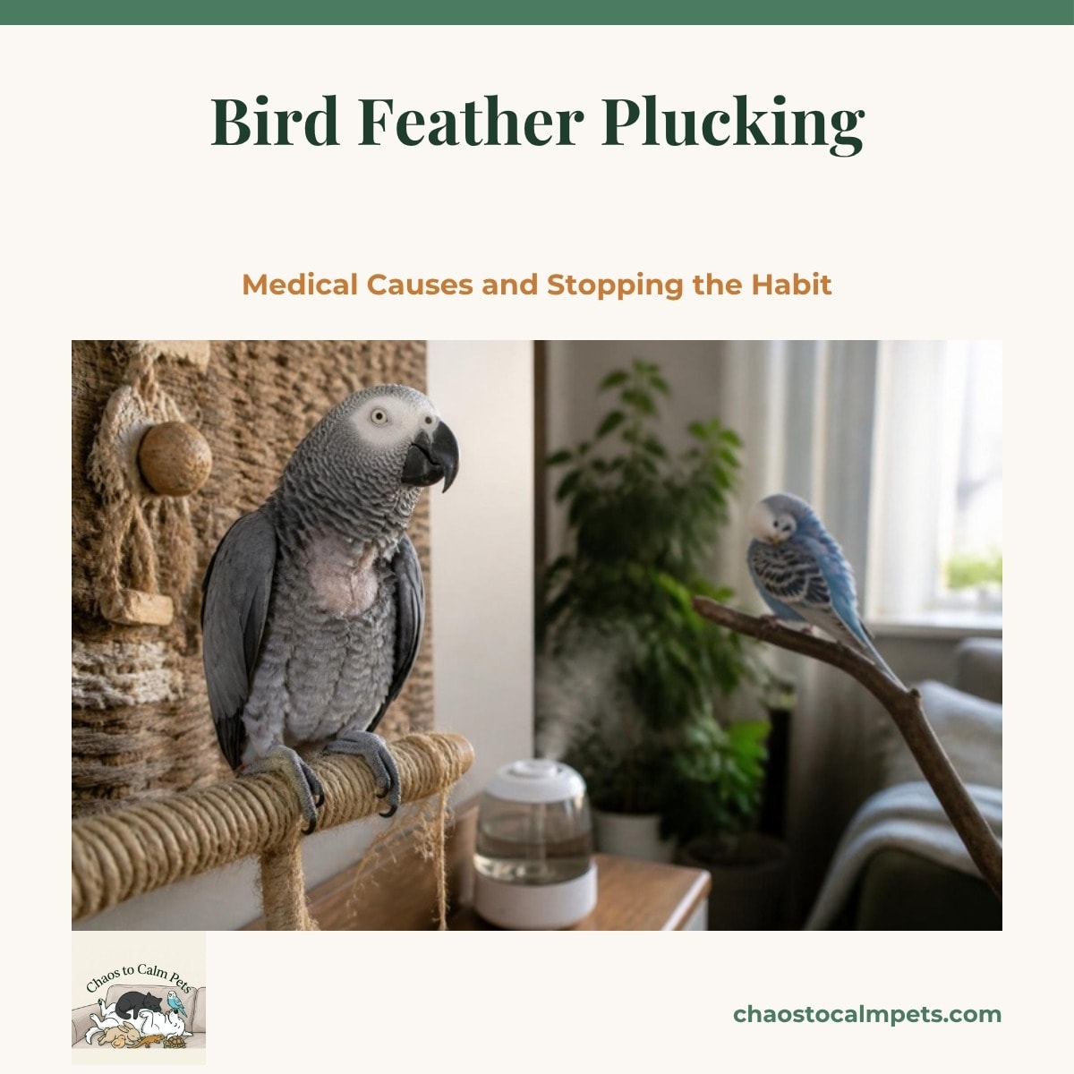 An African grey with a bare patch on its chest sitting on a rope perch in front of a woven seagrass mat and a knotted sisal toy, with a humidifier on the table below and a blue budgie preening on a branch across the room