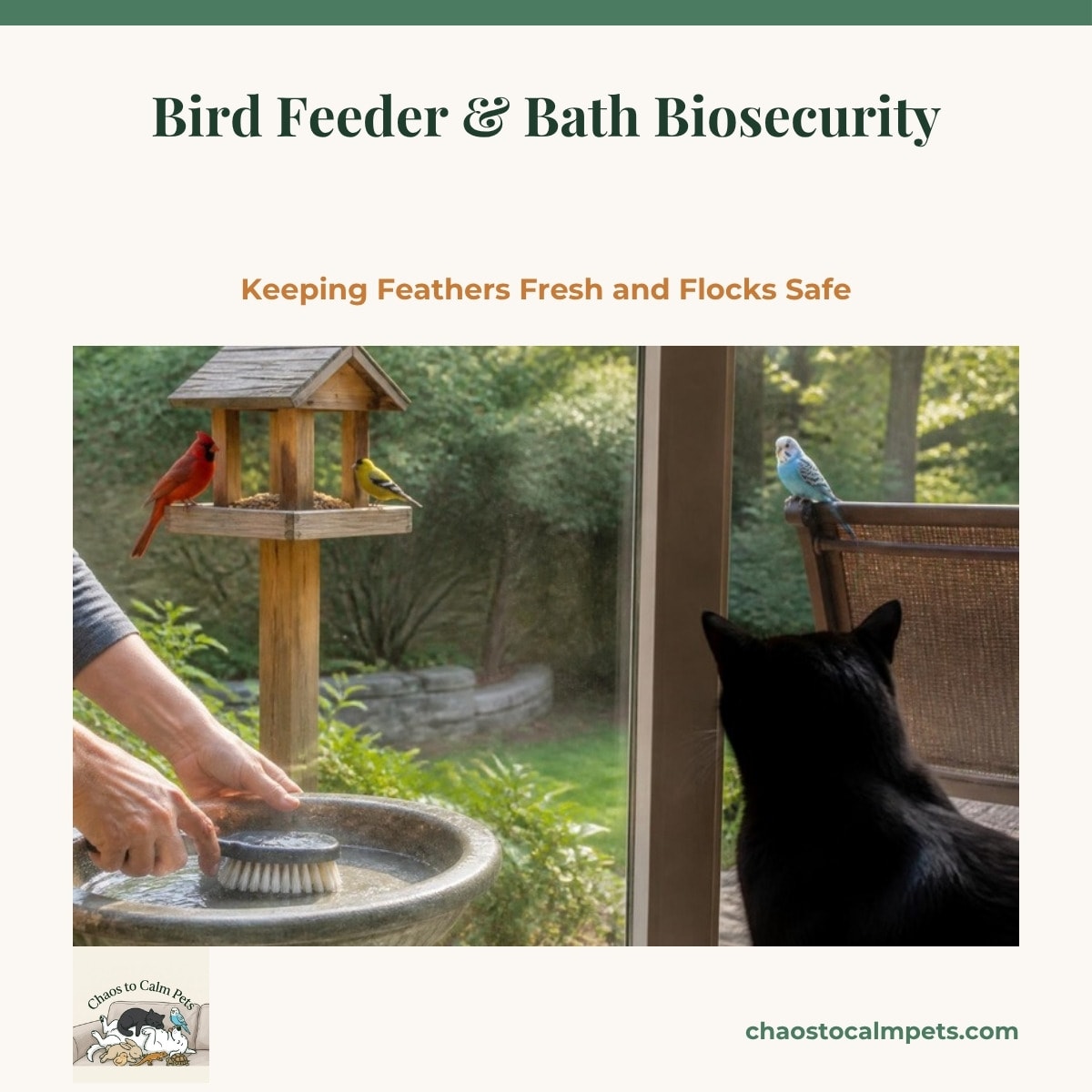 A clean tube feeder and a shallow stone bird bath with a solar agitator on a sunny lawn, a scrub brush and bucket beside them, a blue budgie perched on the feeder pole and a black cat watching from behind a screened porch door