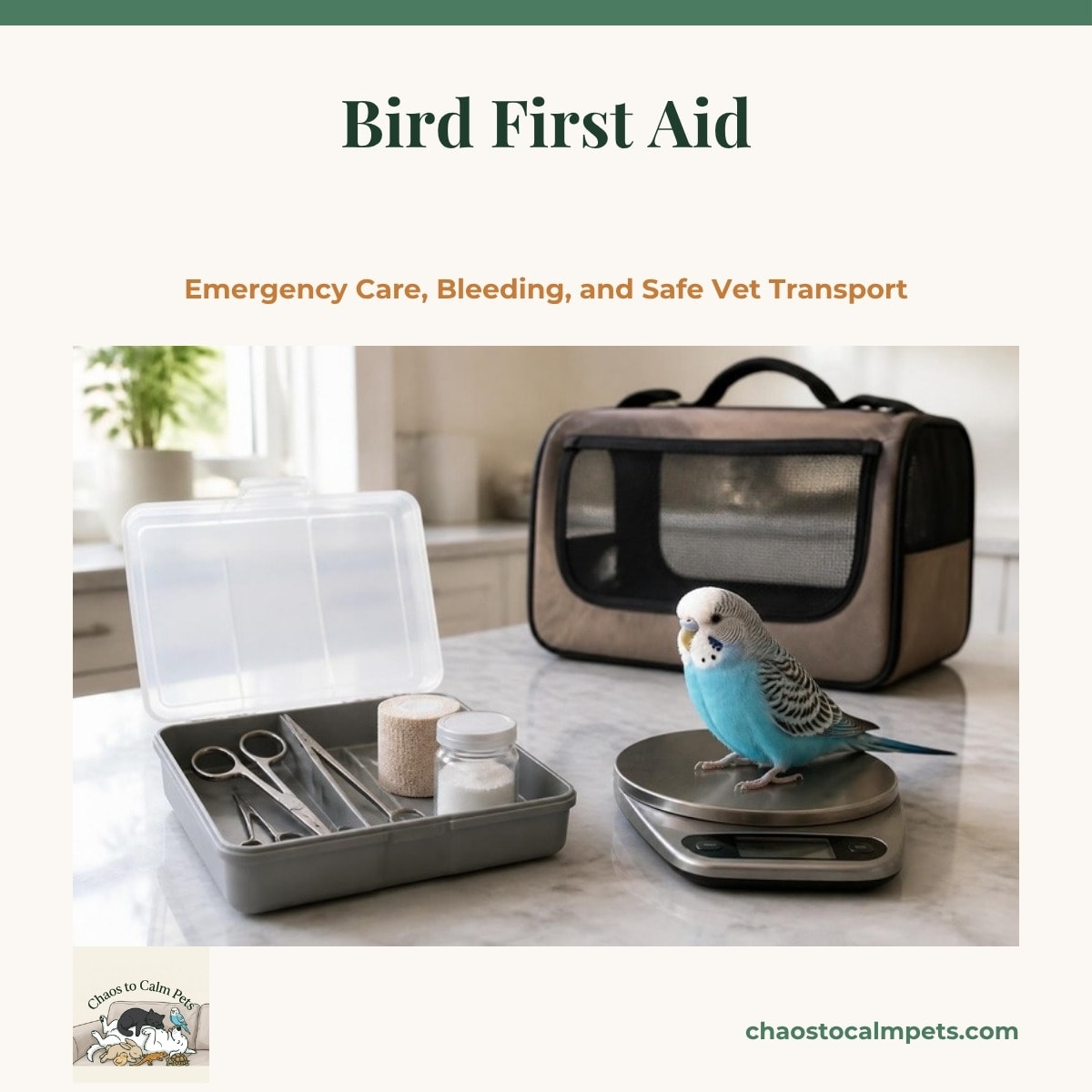 A small open first aid box on a table holding hemostats, blunt-tipped scissors, a roll of self-adhering bandage and a jar of cornstarch, beside a digital kitchen scale with a blue budgie standing on it and a covered pet carrier in the background