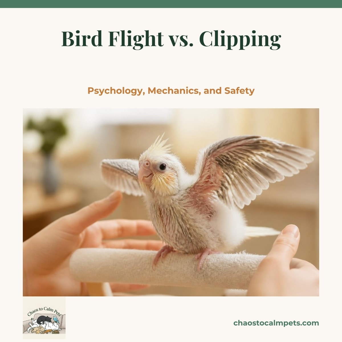 A young sun conure mid-flight across a bright living room toward an outstretched rope perch, wings fully spread with primaries fanned, a screened patio door closed behind it and a blue budgie watching from a hanging swing
