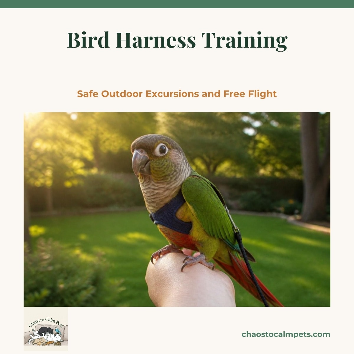 A green-cheeked conure wearing a thin black figure-eight harness perched on a person's wrist on a covered porch, the leash looped around the wrist, with green lawn and a wooden fence out of focus behind