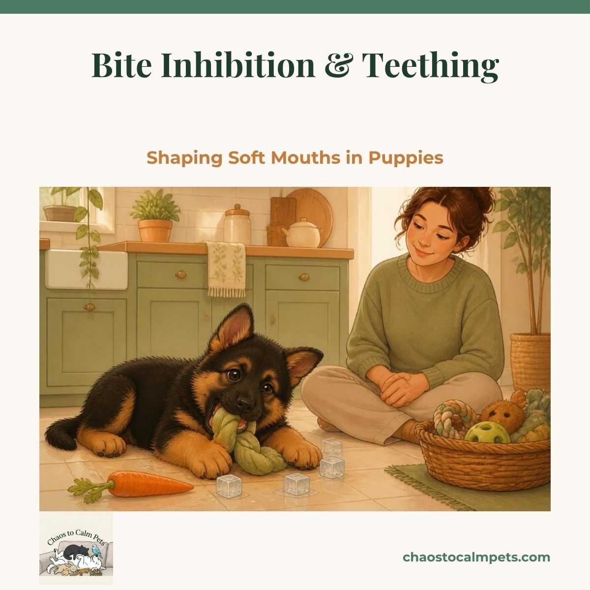 Black-and-tan German shepherd puppy chewing on a frozen knotted washcloth on a kitchen floor, a woman's hands folded calmly in her lap beside a basket of chew toys