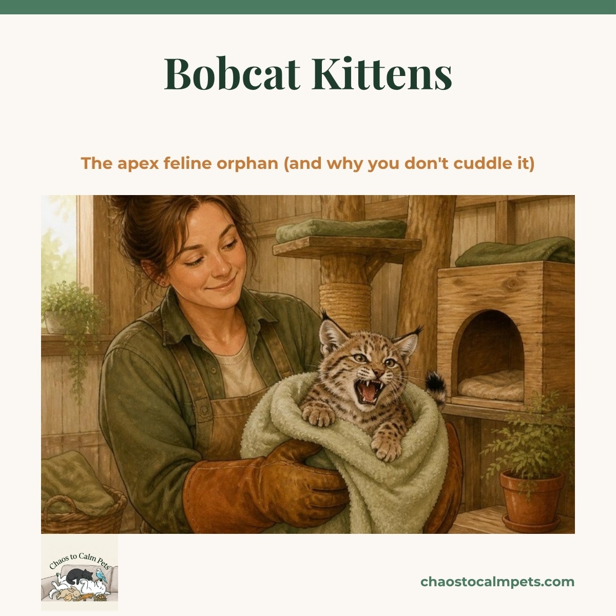 A spotted bobcat kitten with ear tufts and a stubby black-tipped tail hissing from inside a towel held by a woman in heavy leather welding gauntlets, a tall climbing shelf and a wooden hide box behind her