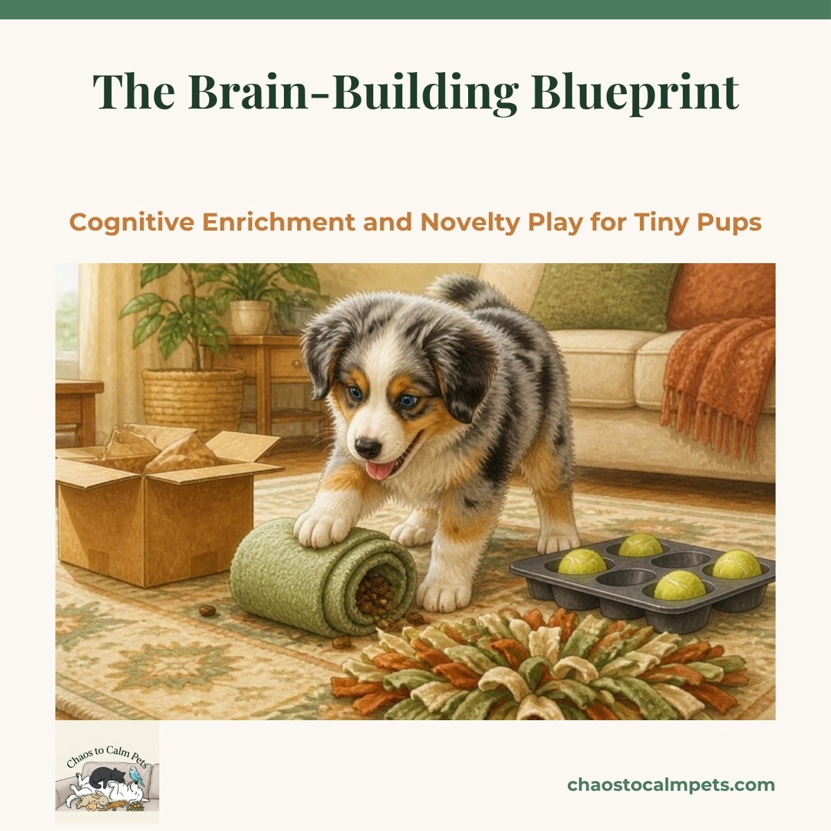 Merle Australian shepherd puppy with one paw on a rolled-up towel full of kibble, surrounded by cardboard boxes, a muffin tin with tennis balls and a snuffle mat on a living room rug