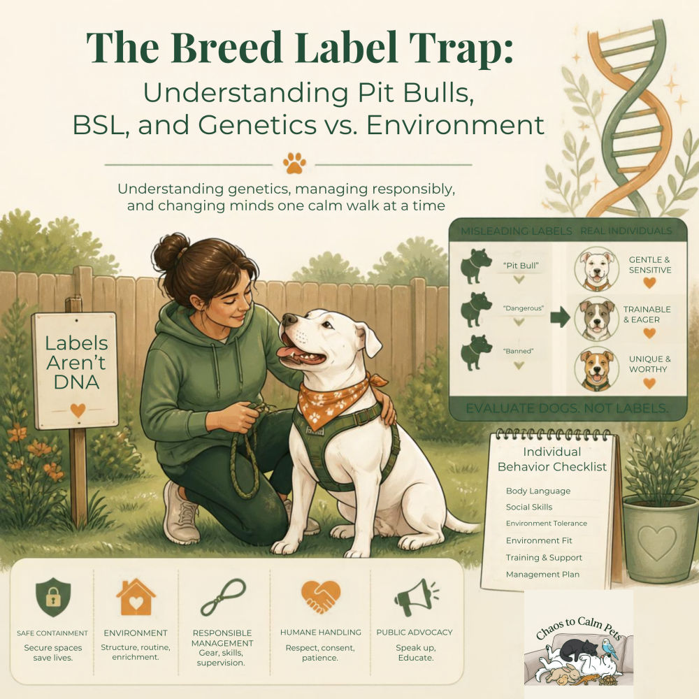 Woman kneeling with white pit bull type dog in backyard next to Labels Aren't DNA sign
