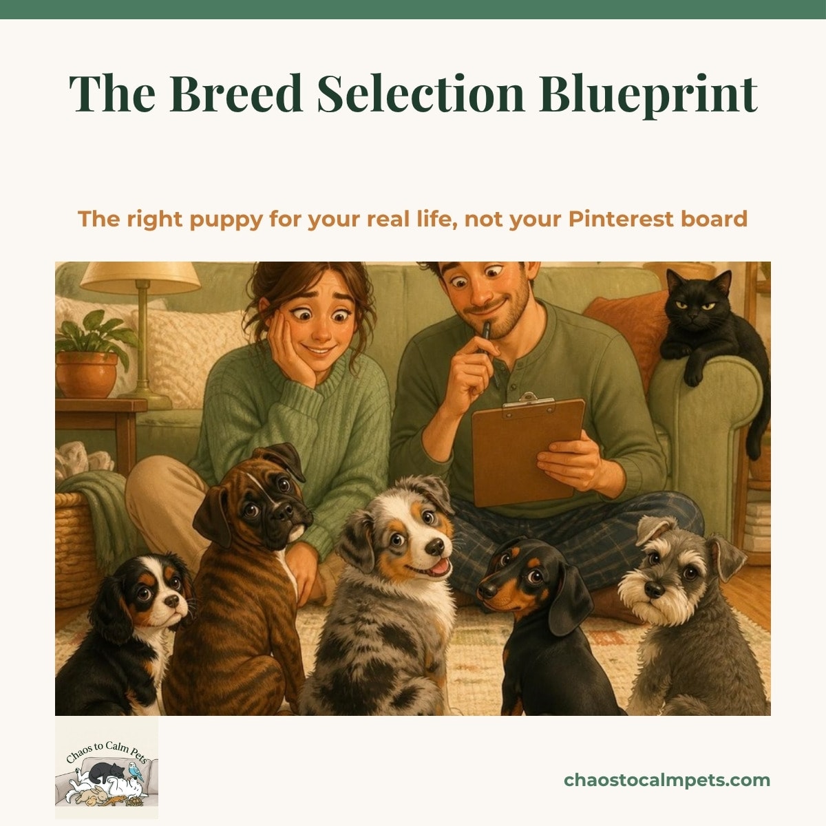 Seven very different puppies in a row on a porch — a border collie, a Great Pyrenees, a chocolate Labrador, a beagle, a Jack Russell, a Chihuahua and a corgi — while a woman holds a clipboard and looks thoughtful