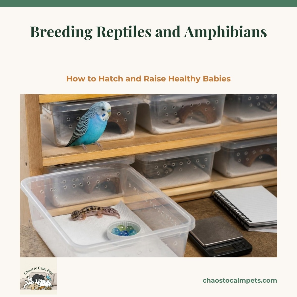 A tidy rack of clear plastic shoebox nursery tubs, a tiny leopard gecko hatchling on a paper-towel floor beside a bottle-cap water dish filled with marbles, a gram scale and a notebook on the bench, and a blue budgie perched on the shelf edge