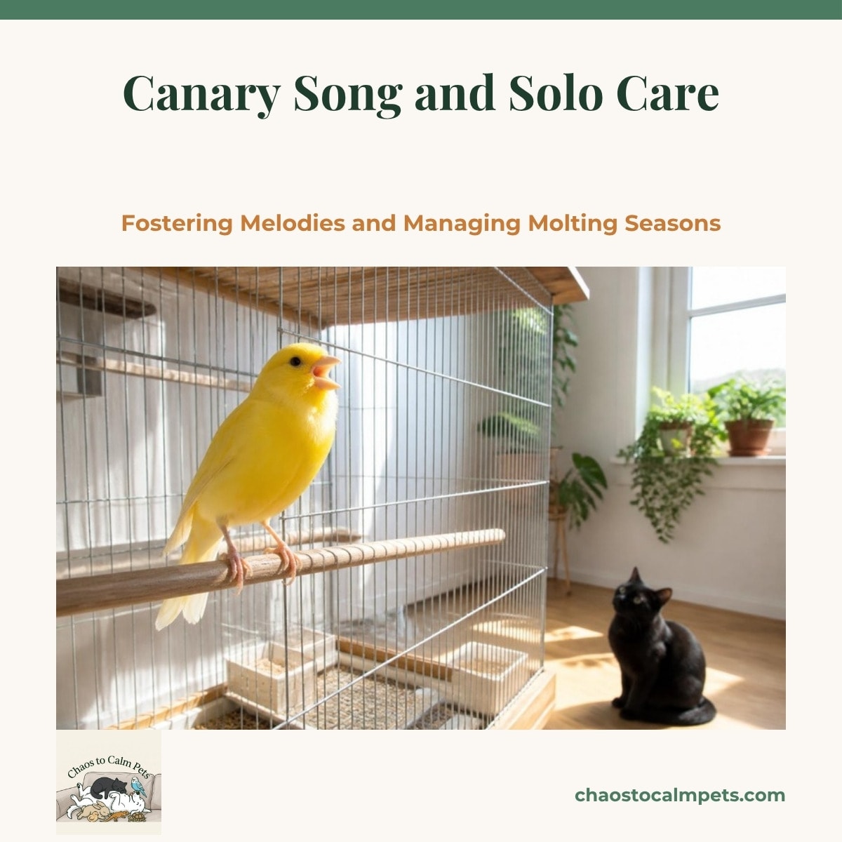 A bright yellow male canary singing on a natural wood branch inside a wide flight cage beside a dish of small seed and a sprig of kale, a soft night-light glowing on the wall behind it
