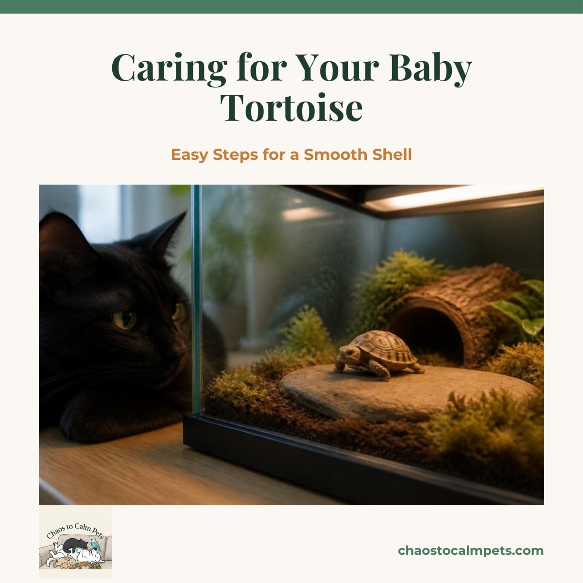 A baby Russian tortoise on a smooth basking stone in a closed, mossy nursery enclosure under a UVB tube, with Shadow the black cat watching through the glass