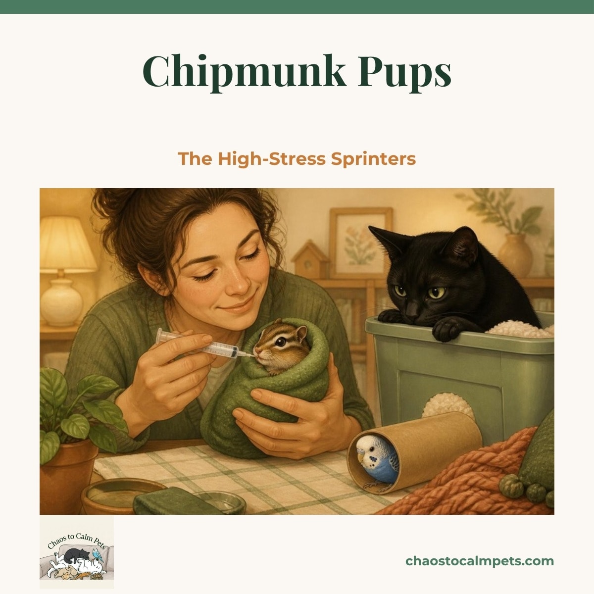 A tiny striped chipmunk pup swaddled in a square of green fleece with only its head out, nose at a 1cc syringe tip, a blue budgie watching from a cardboard tube and a black cat peering over a tote lid