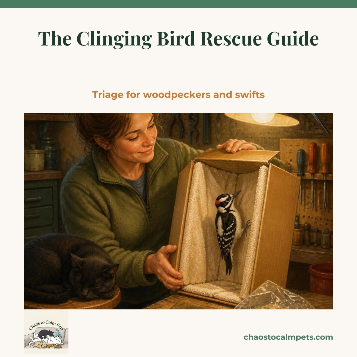 A downy woodpecker clinging upright to a rough towel pinned inside a tall cardboard box held by a woman at a workbench, a bag of melted suet on the bench, a black cat asleep on a stool and a blue budgie on a hanging lamp