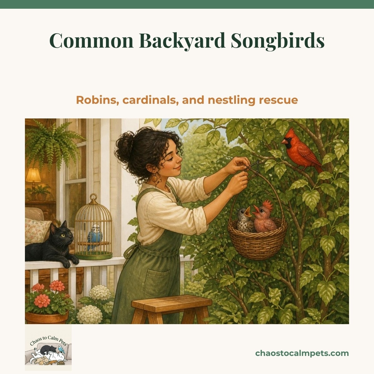 Speckled robin nestling and a crested cardinal nestling gaping in a wire hanging basket a woman is wiring into a shrub, a blue budgie and a black cat watching from the porch rail