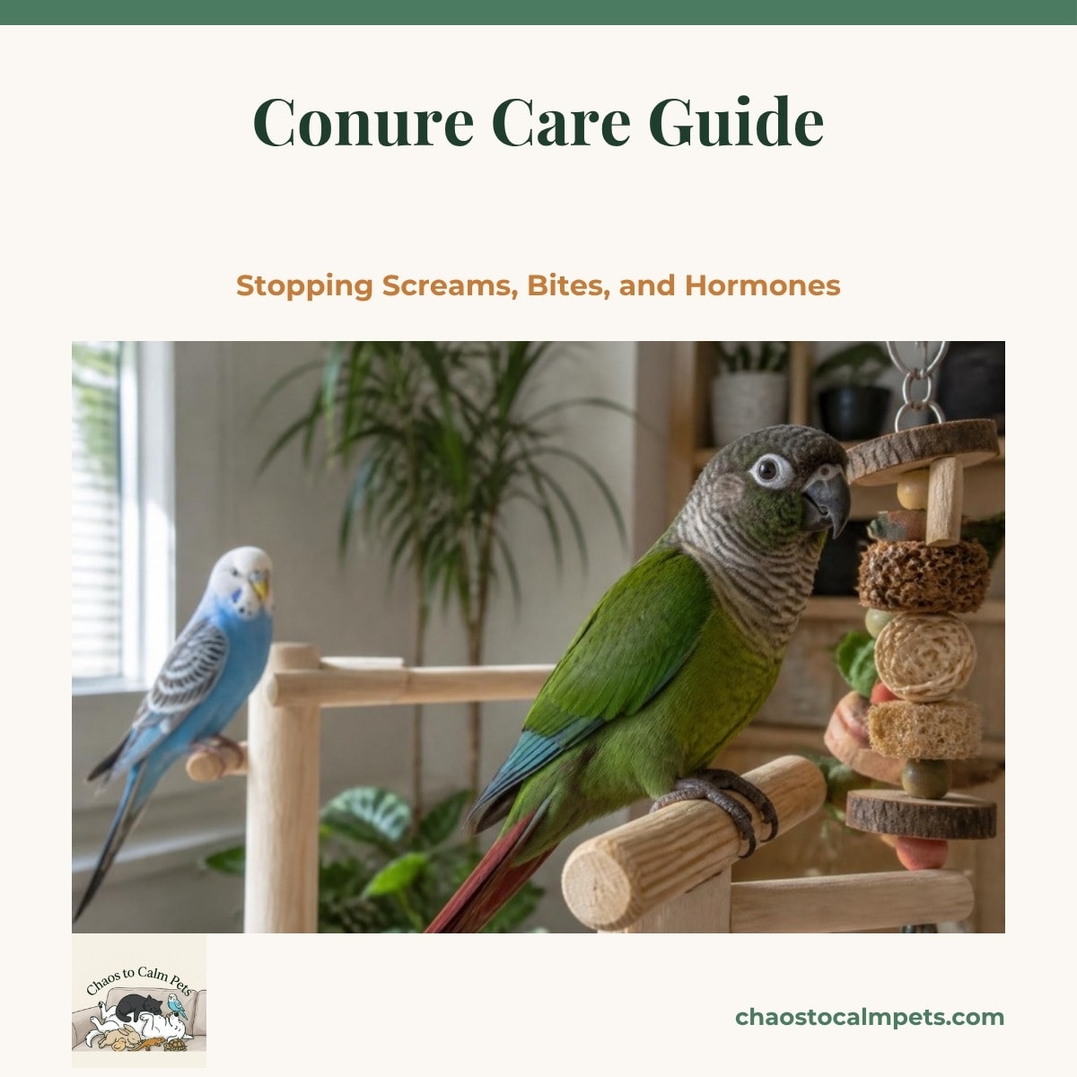 A sun conure with an orange and yellow body and a green-cheek conure with a maroon tail perched together on a neutral wooden playstand, a heavy ceramic bathing dish on the tray below and a small balsa block held in the green-cheek's foot