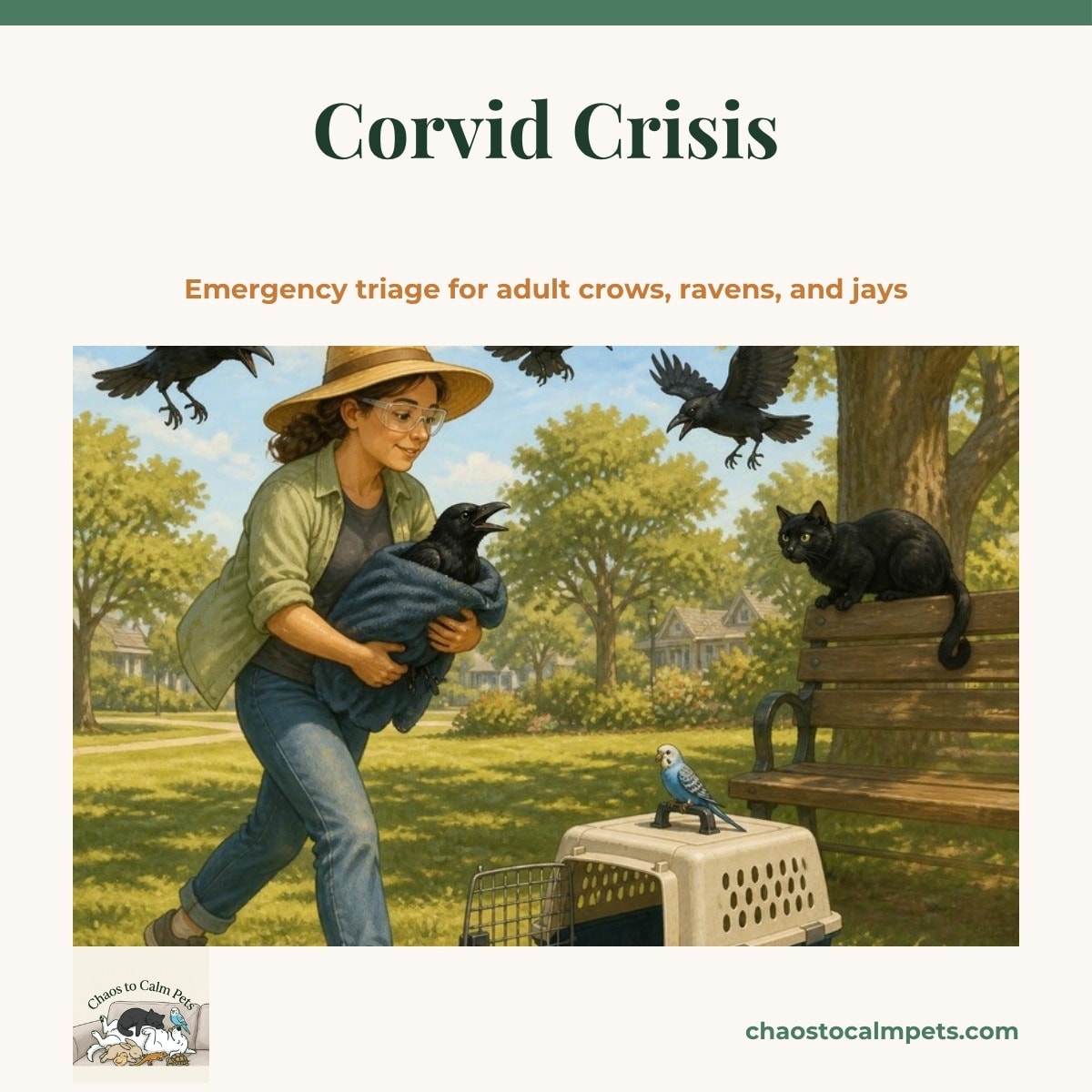 A woman in a wide-brimmed hat and safety glasses carrying a towel-wrapped crow toward a hard plastic cat carrier while three crows swoop and call overhead, a black cat watching from a porch rail and a blue budgie in a window behind