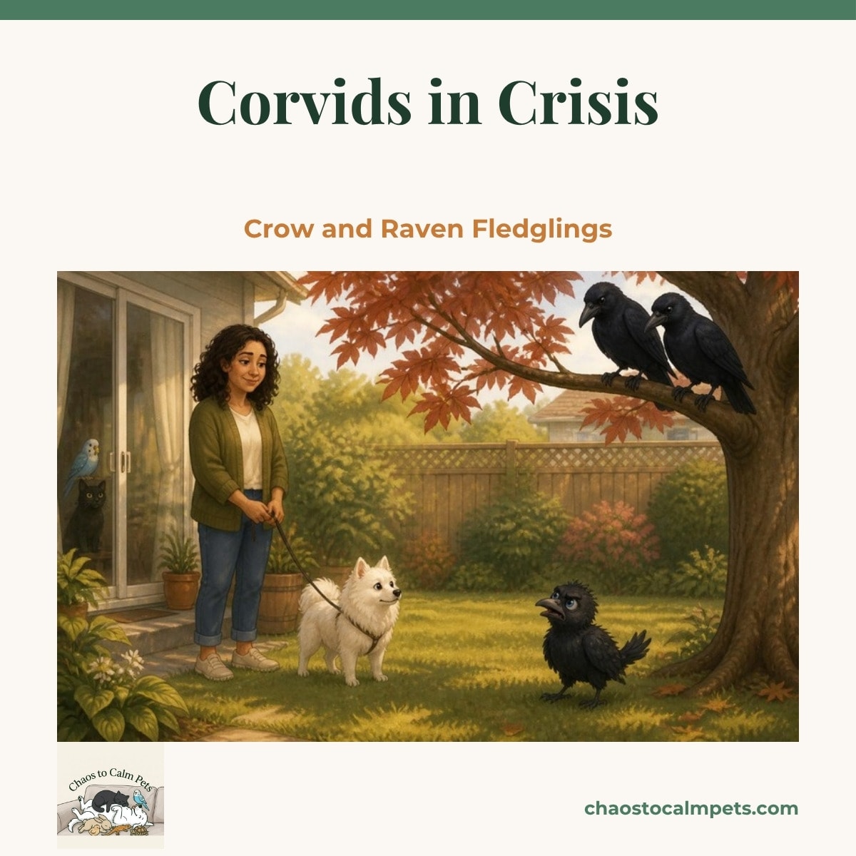 Crow fledgling on a lawn with its parents watching from a maple branch, while a woman holds a small white dog back on a leash